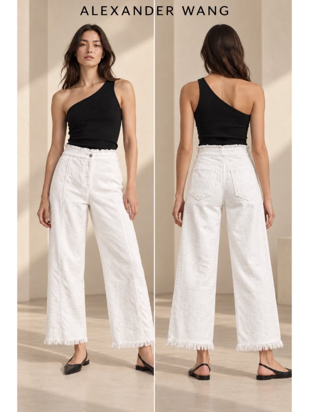 Alexander Wang White Cotton Wide Leg Raw Fringe Hem Pants Size 25